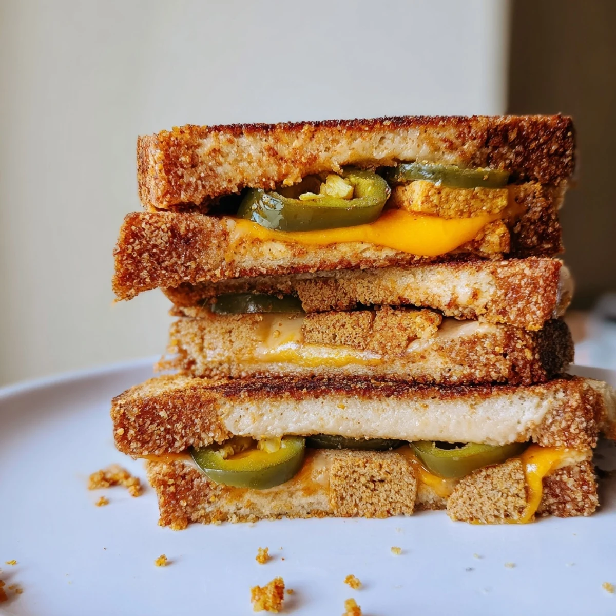Imagine the amazing taste: toasted sourdough embracing Spicy Crispy Tofu Grilled Cheese with vegan flavors.