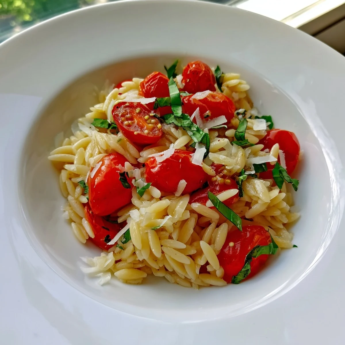 Steaming bowl of orzo tomato Parmesan with fresh basil and melted Parmesan cheese for dinner.