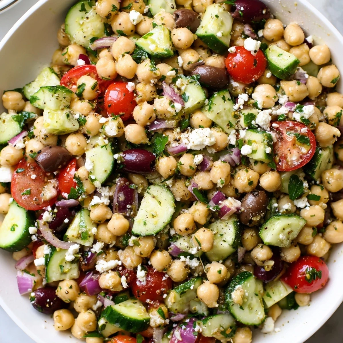 Close-up of a colorful Mediterranean Chickpea Salad showing fresh ingredients before being tossed together.
