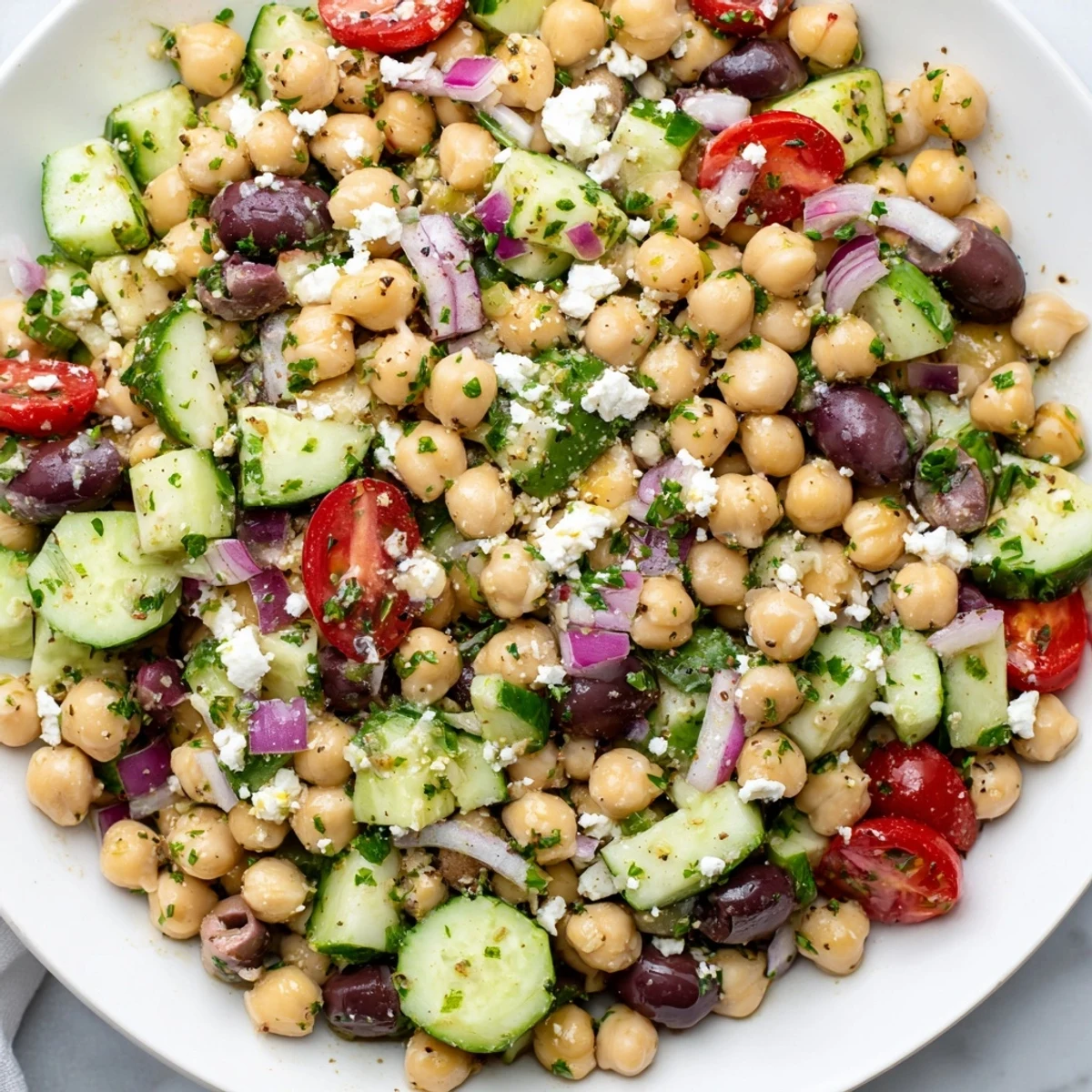 Vibrant Mediterranean Chickpea Salad with feta, olives, and a bright lemon dressing, ready to enjoy.