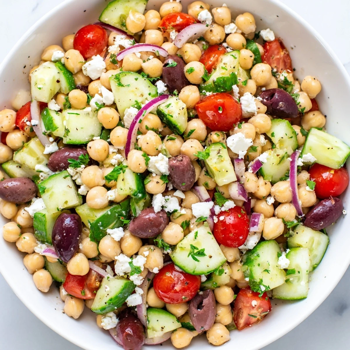 Delicious and healthy Mediterranean Chickpea Salad, perfect for a quick, flavorful vegetarian meal.