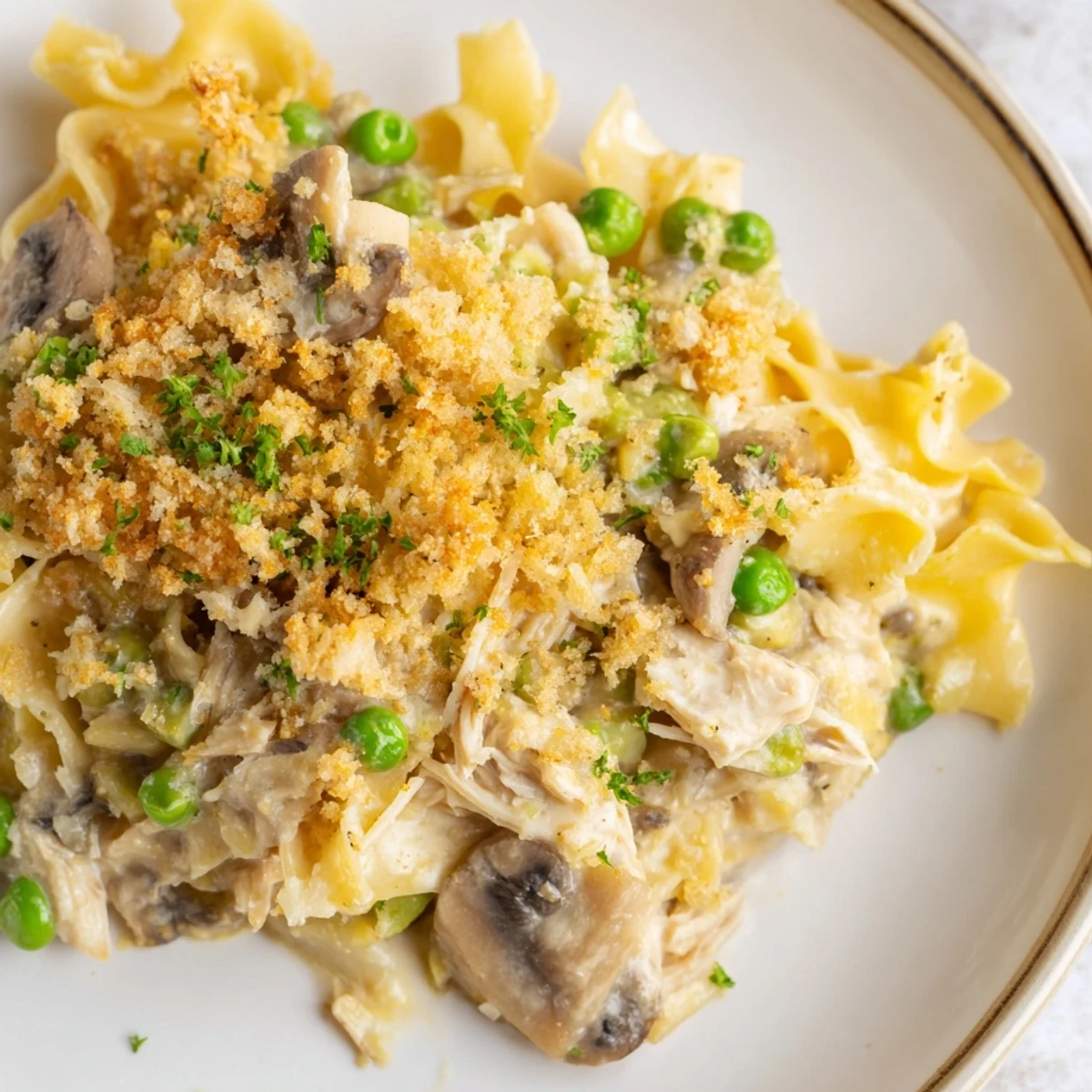 A steaming-hot casserole of Tuna Noodle, creamy and loaded with tender vegetables and tuna.