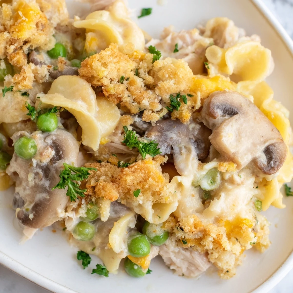 Perfectly baked Tuna Noodle Casserole recipe, a classic, golden, comfort food dinner ready to serve.