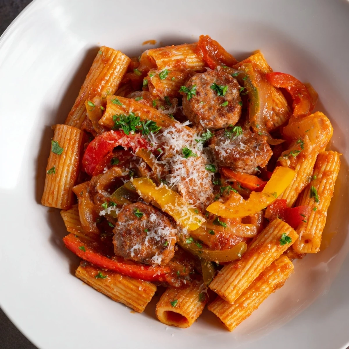 Sausage and Peppers Pasta: A steaming plate featuring vibrant peppers and savory sausage in a tomato sauce.