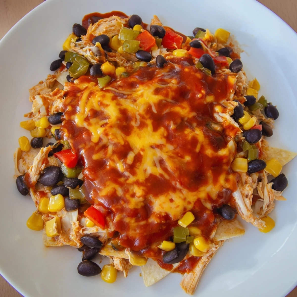 A comforting chicken enchilada skillet featuring tender chicken, tortillas, and a zesty, rich sauce.
