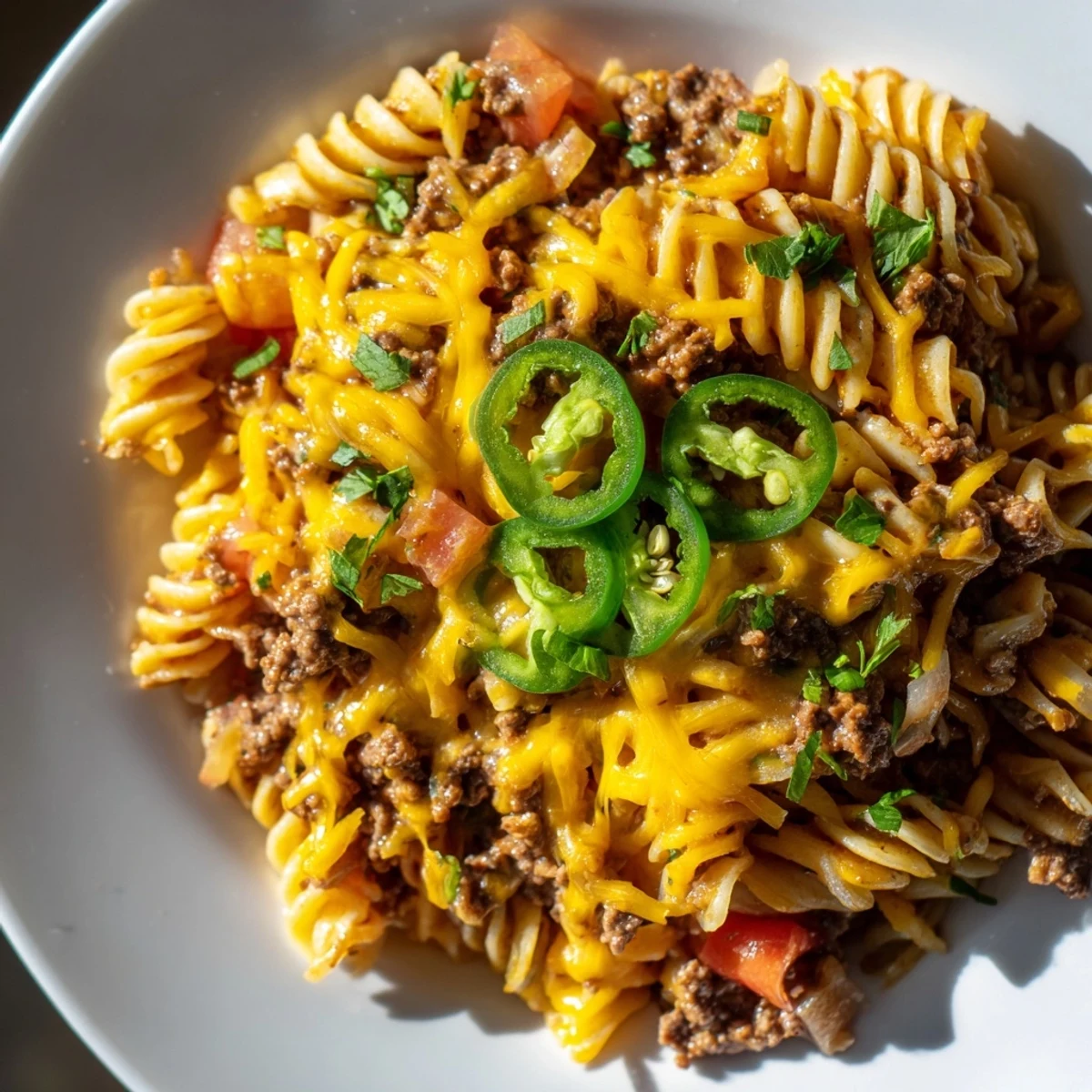 Steaming Beef Taco Pasta Skillet topped with melted cheddar, ready for a delicious dinner.