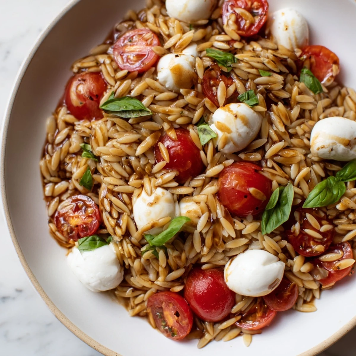 Tender orzo pasta salad, tossed with balsamic vinaigrette, showcasing the beautiful Caprese Orzo Salad.