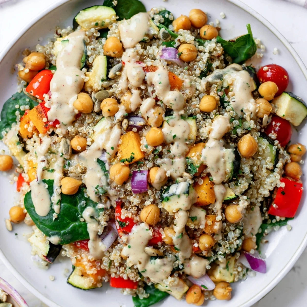 This delicious quinoa power protein salad features chickpeas, a lemon-tahini dressing, and vibrant colors.