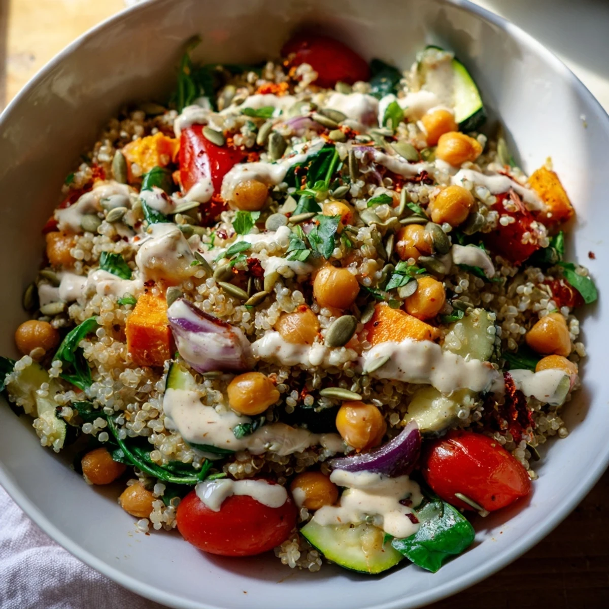 Imagine a refreshing quinoa power protein salad tossed with fresh herbs, ready to be enjoyed.