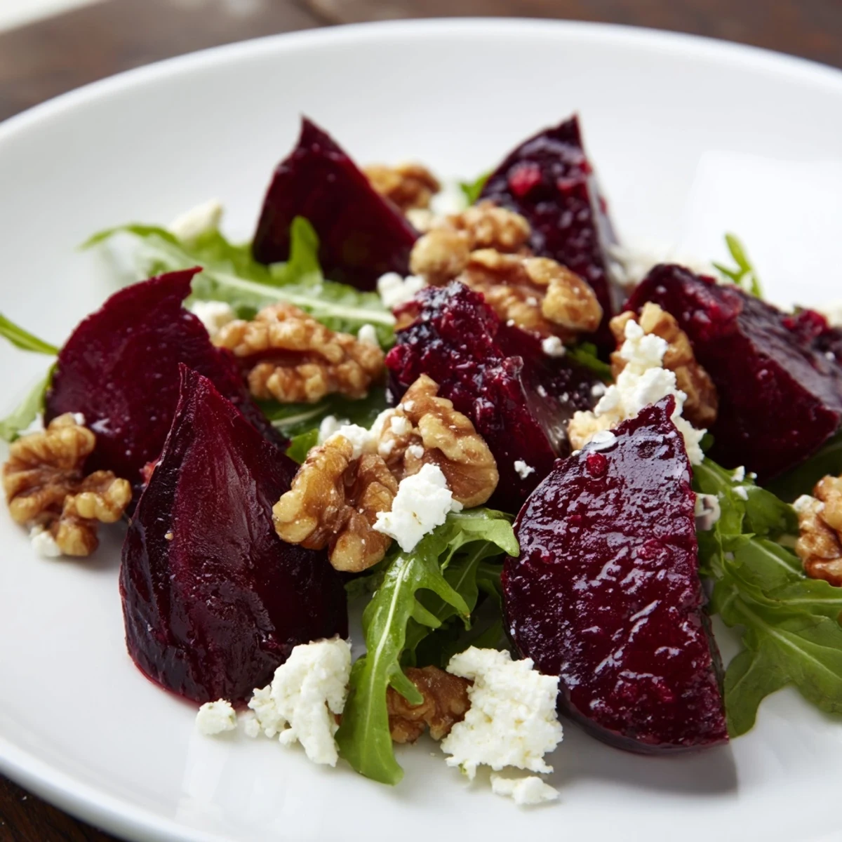 Roasted beet walnut salad with bright red beets, creamy goat cheese, and candied walnuts drizzled in vinaigrette.