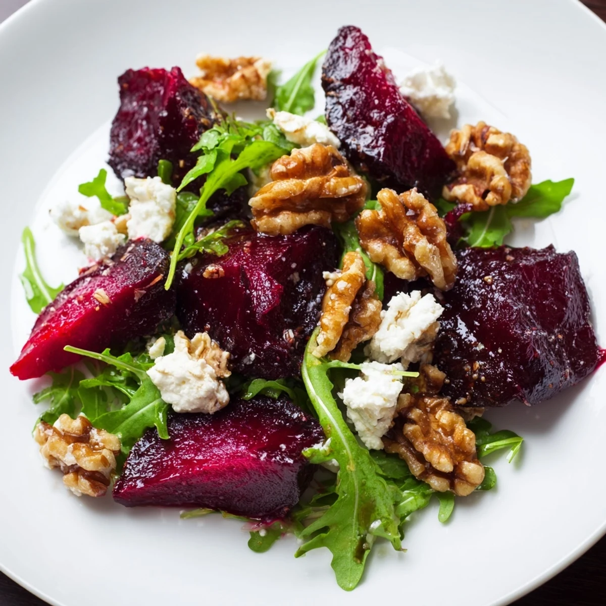 A colorful Roasted Beet Walnut Salad, showcasing tender beets, walnuts, and a vibrant green arugula base.