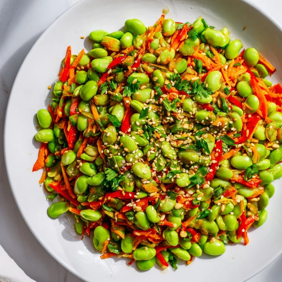 A bright bowl of Asian Edamame Salad with vibrant veggies, sesame seeds, and a flavorful dressing.