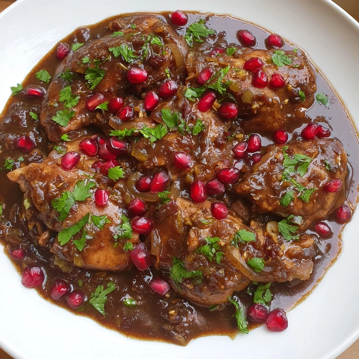 Golden brown chicken in rich Fesenjan stew, a Persian dish's savory and sweet delight.