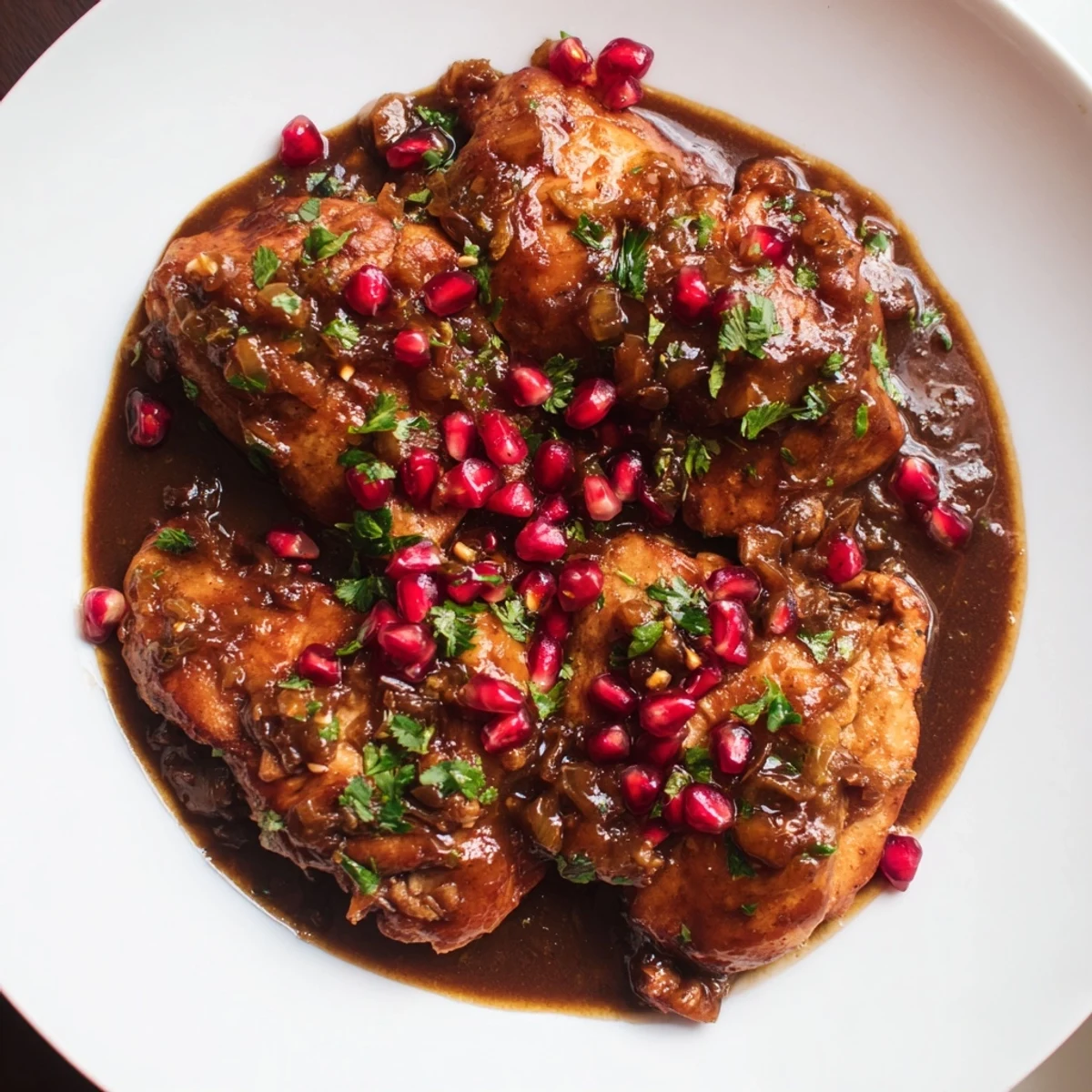 A steaming bowl of Iranian Fesenjan stew: tender meat in a thick, tangy pomegranate sauce.