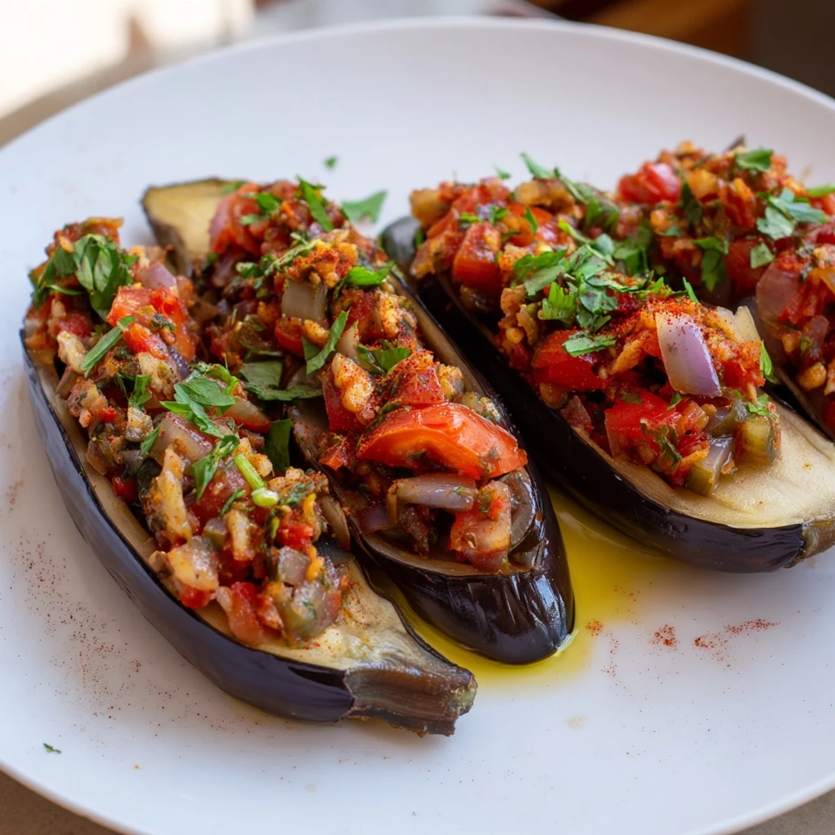 Golden-brown baked Imam Bayildi, with tender eggplant halves overflowing a rich tomato filling.