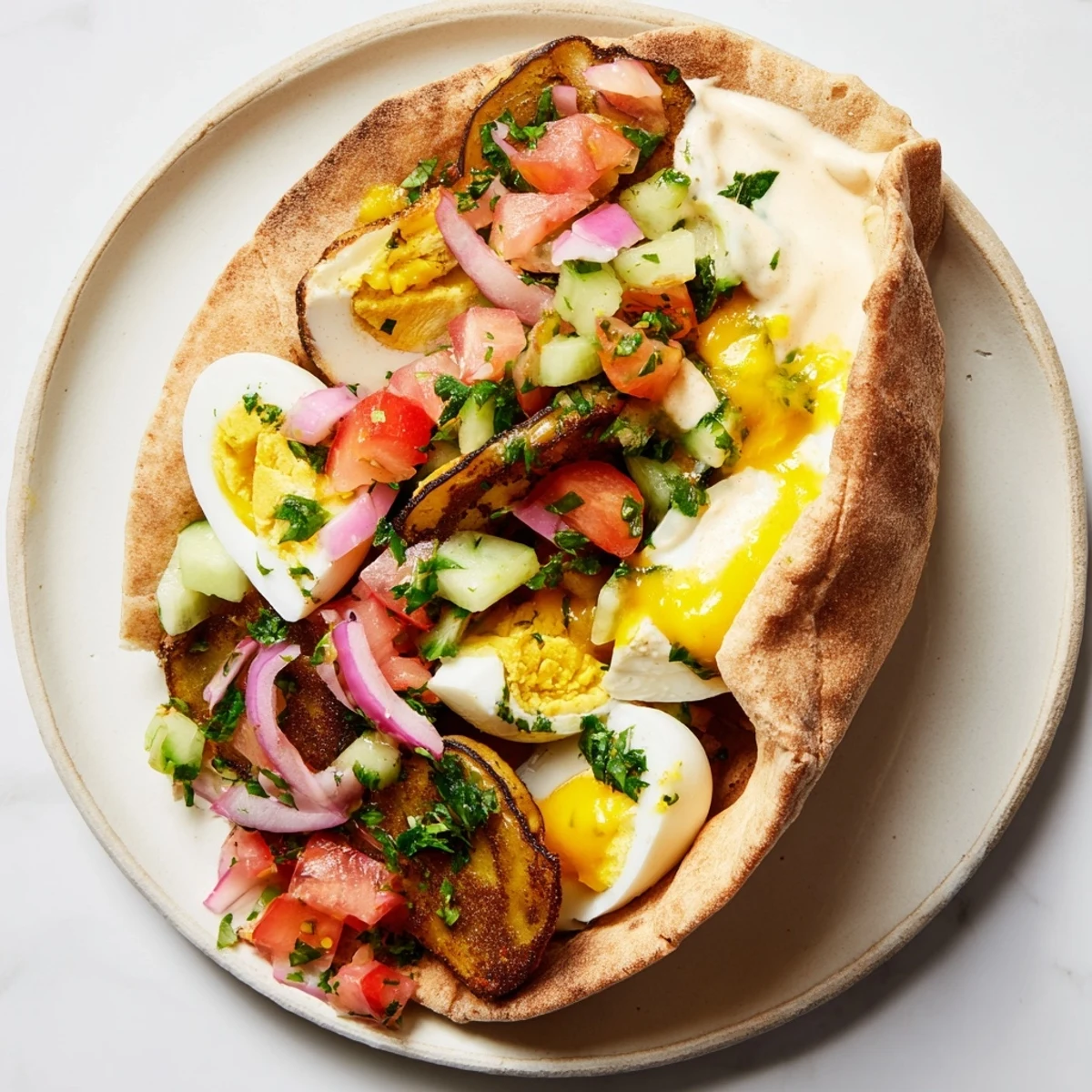 A close-up of Israeli Sabich: warm pita filled with fried eggplant and creamy tahini.