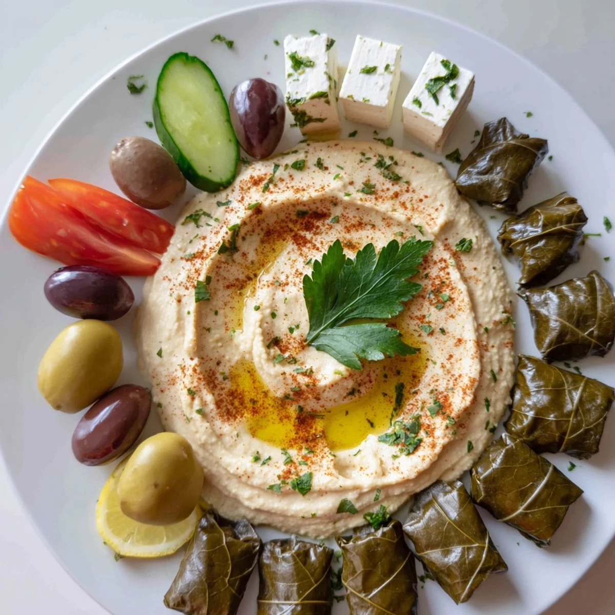 A colorful Turkish Meze Platter overflowing with creamy hummus, cheeses, and olives; ideal appetizer.