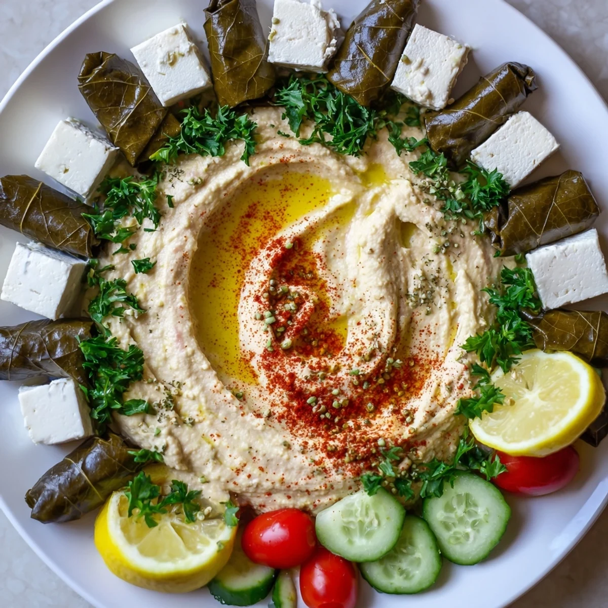 Close-up of a Turkish Meze Platter with a variety of textures and flavors, ready to enjoy.