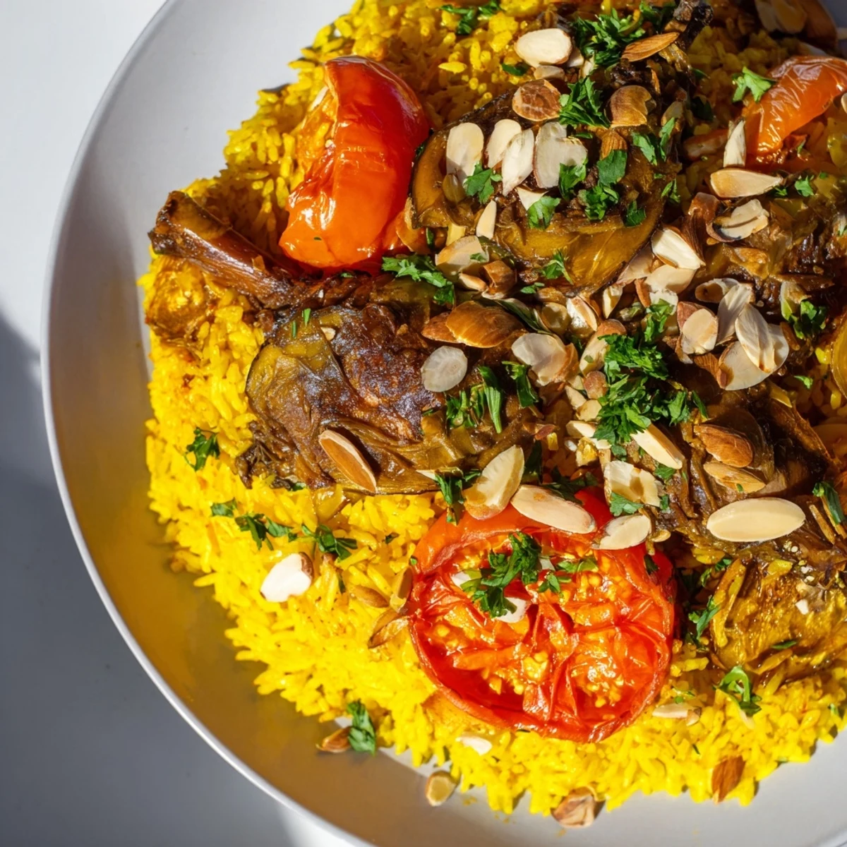 Fragrant Palestinian Maqluba, showcasing tender meat layered with fluffy rice and vibrant roasted vegetables.