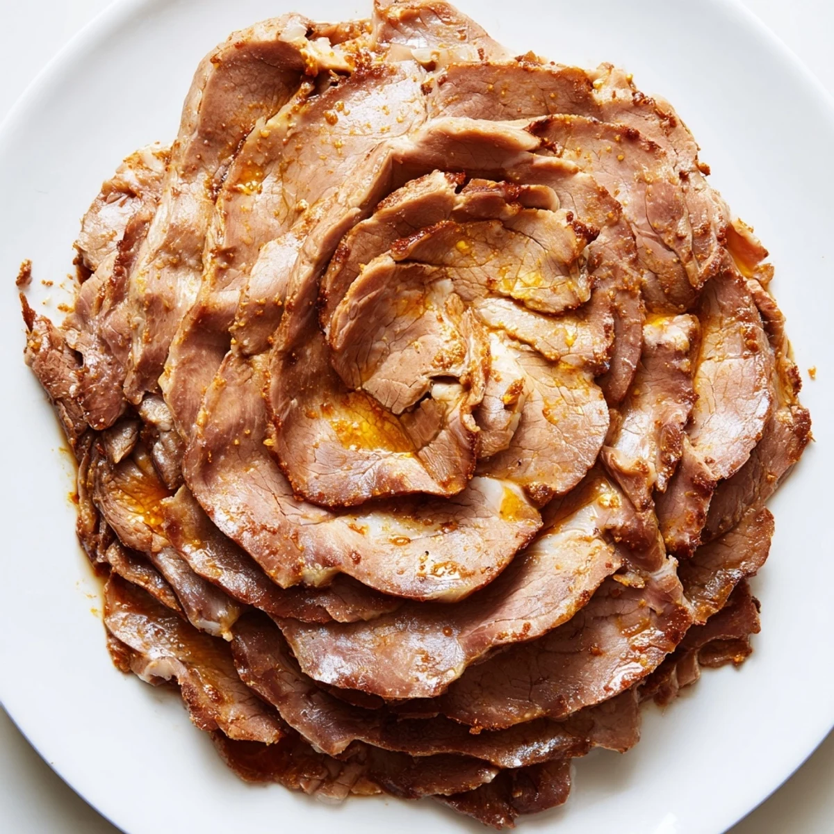 Golden-brown Turkish Döner Meat, thinly sliced and ready to be wrapped in warm pita bread.