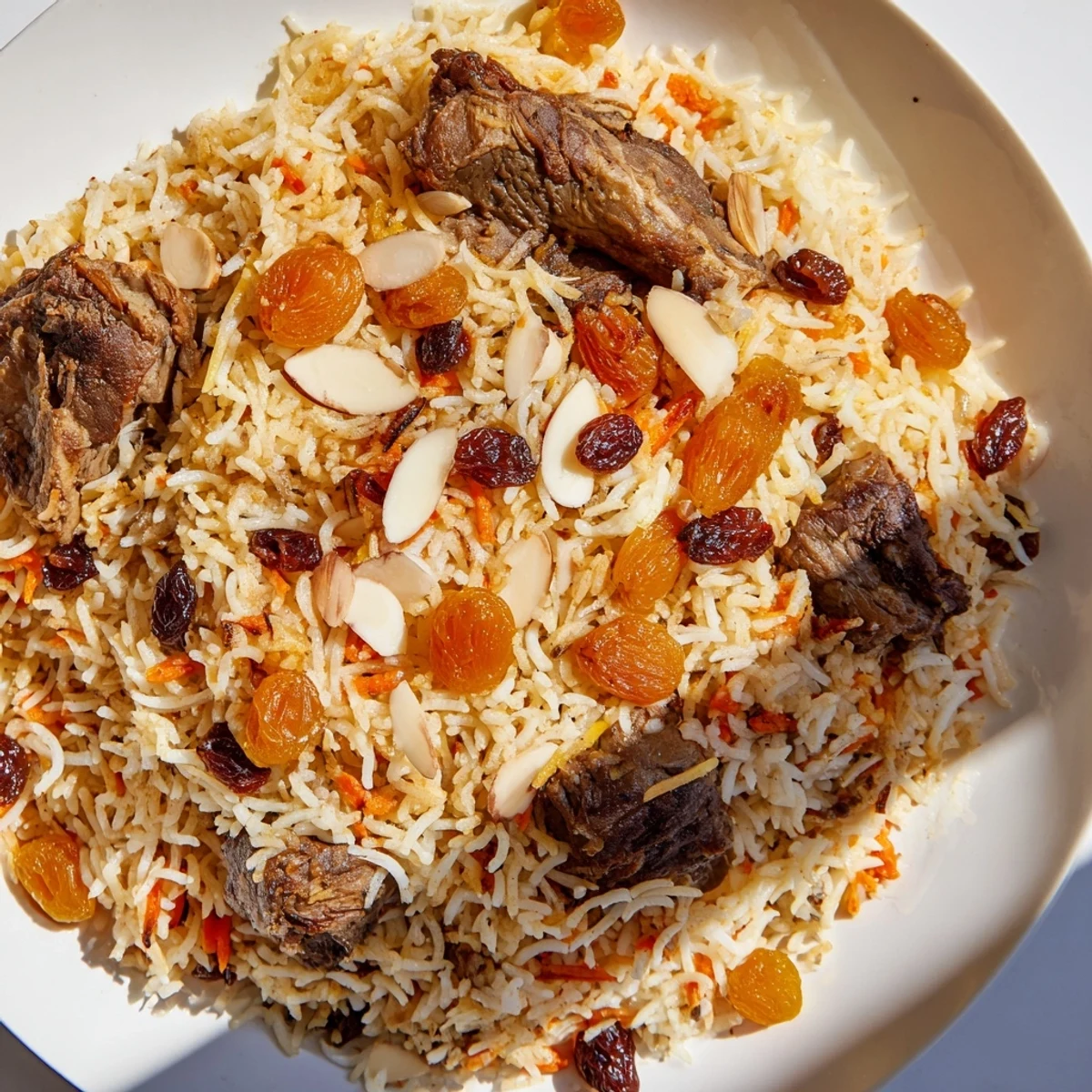 Golden raisins and toasted almonds crown a flavorful platter of Saudi Kabsa rice.