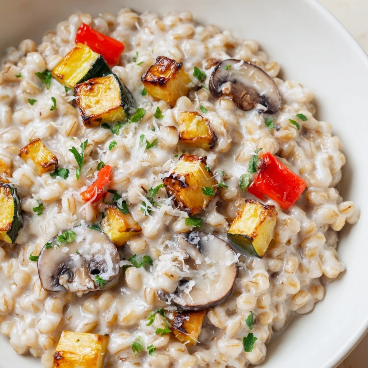A close-up of Pearled Barley Creamy Bowl topped with golden roasted vegetables and fresh parsley.  