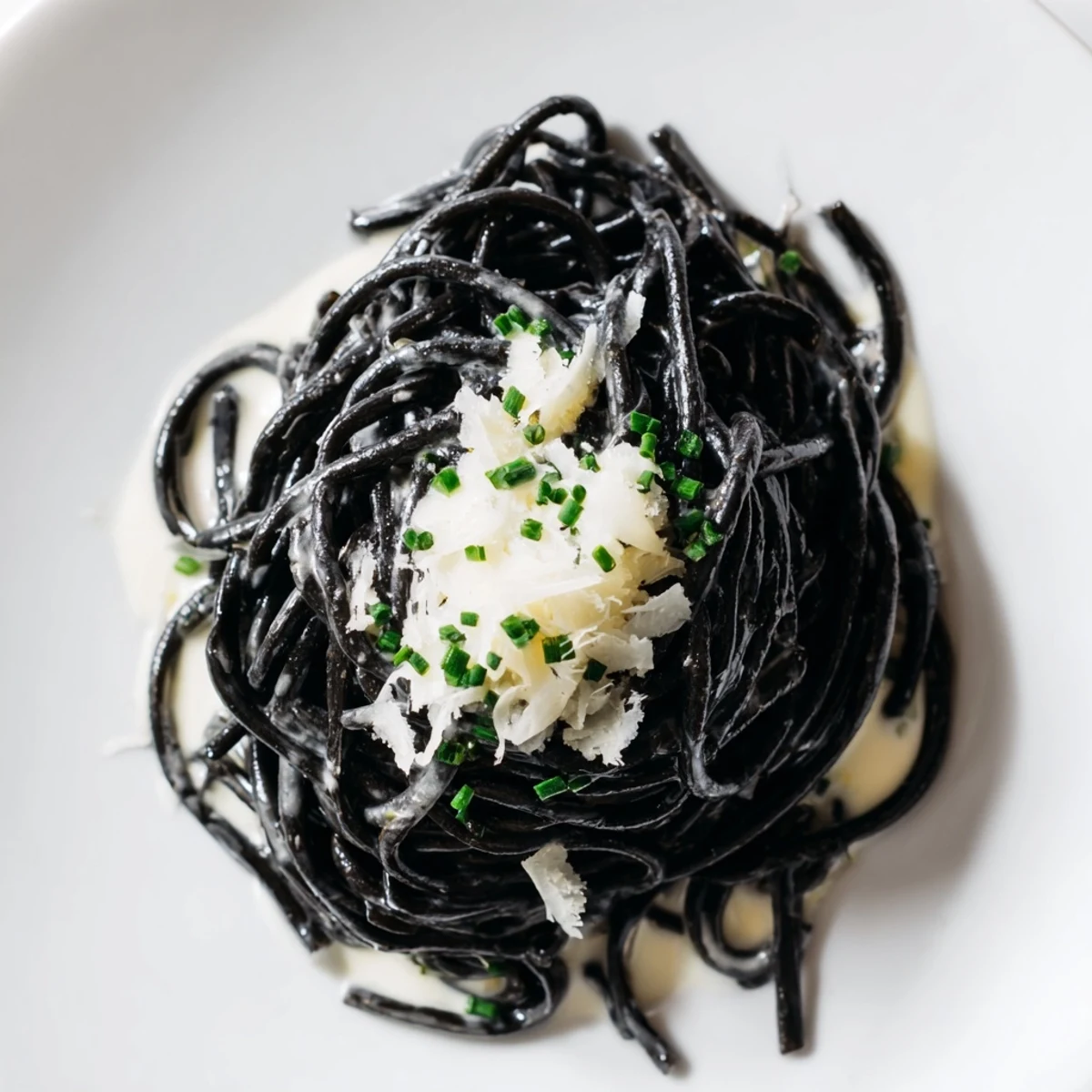 Glossy black squid ink pasta swirls in a velvety white cream sauce, garnished with fresh chives and a sprinkle of Parmigiano-Reggiano.  