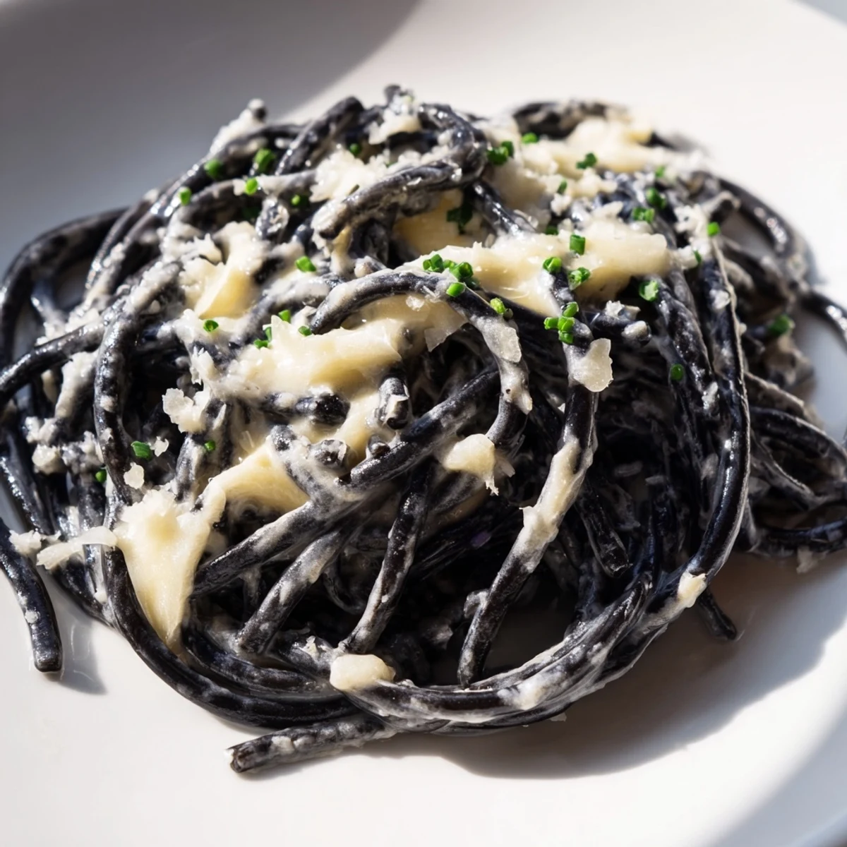 Serving suggestion for squid ink pasta with rich cream sauce, topped with finely chopped chives and a squeeze of fresh lemon.