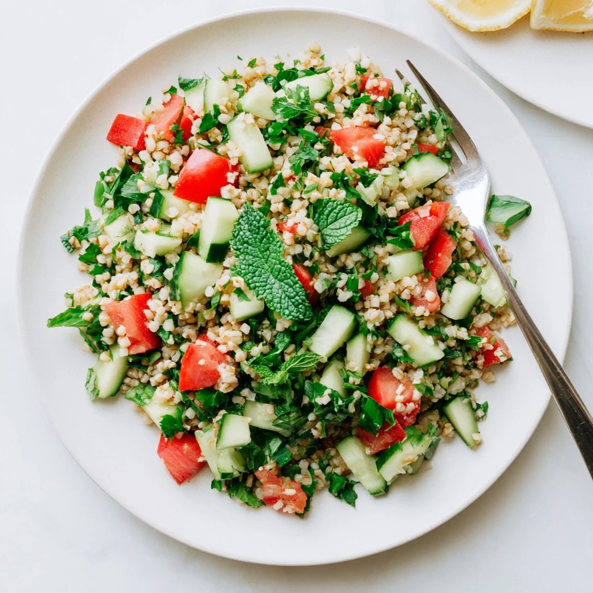 Freshly chopped parsley and mint brighten this colorful bulgur wheat salad tabbouleh, with diced tomatoes and cucumber glistening under a zesty lemon dressing.