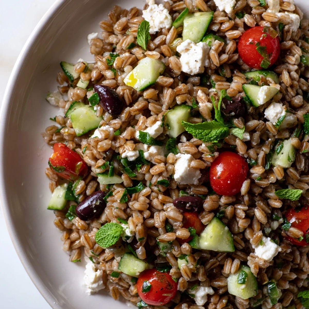 Mediterranean-inspired farro salad featuring tender grains, fresh vegetables, and a zesty lemon dressing, served in a rustic bowl for a light lunch.
