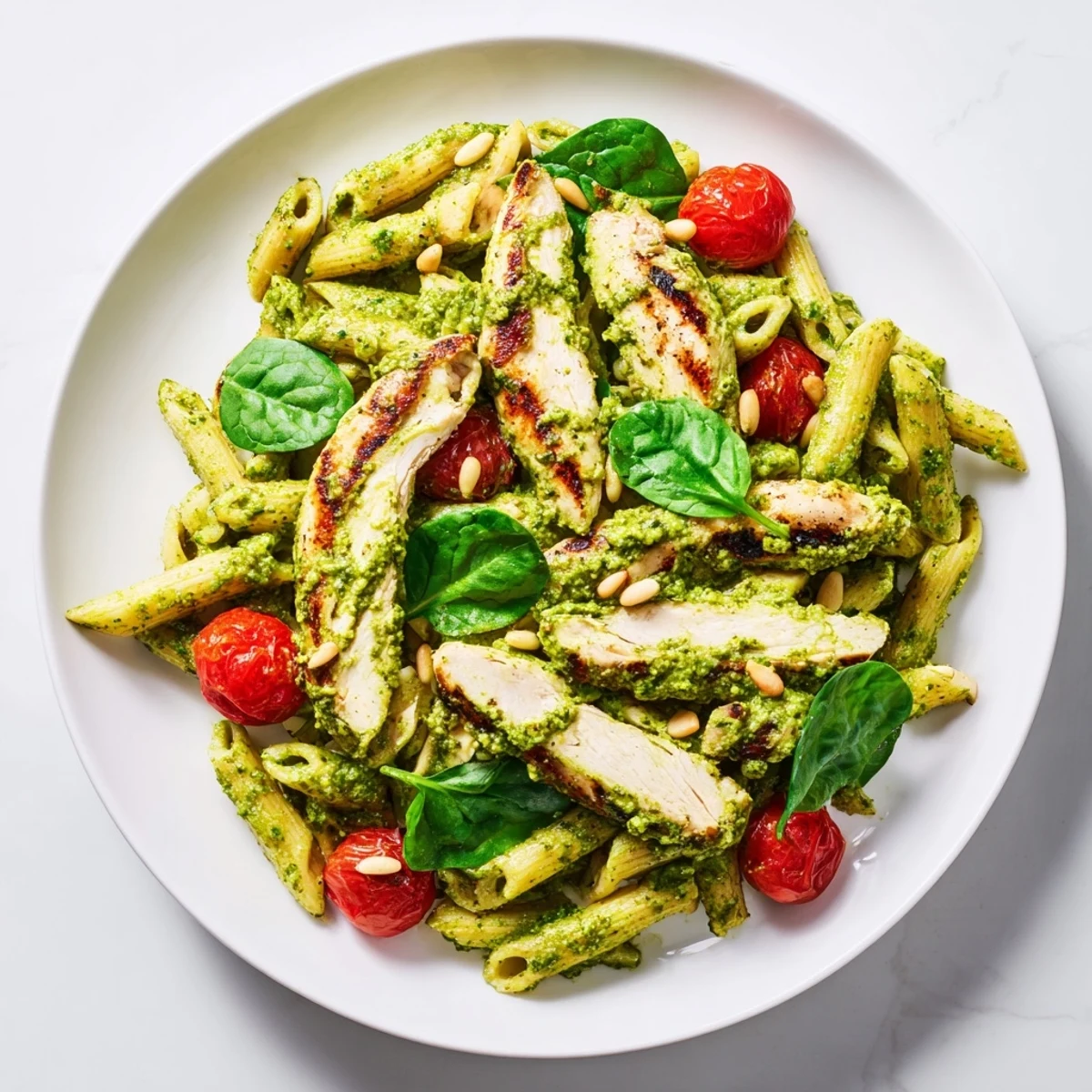 Al dente penne pasta tossed with grilled chicken slices, vibrant cherry tomatoes, and baby spinach in fragrant basil pesto.