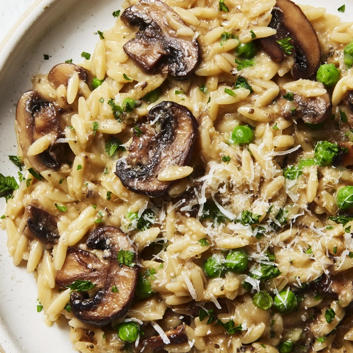 A warm skillet of creamy Orzo Mushroom Risotto-Style pasta, garnished with fresh parsley and extra Parmesan for a comforting vegetarian dinner.