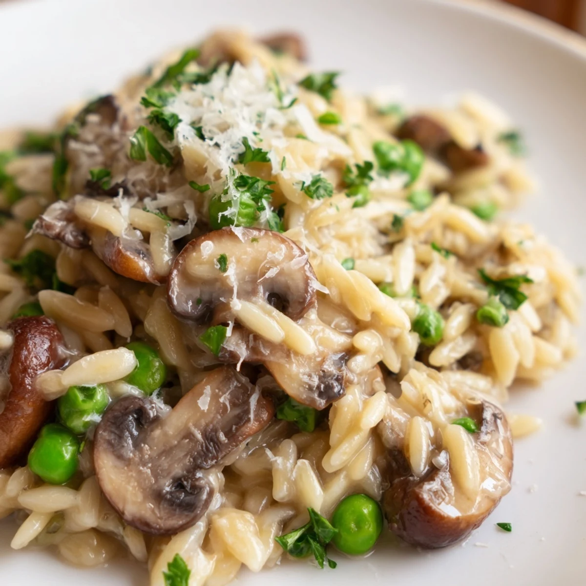 A close-up of Orzo Mushroom Risotto-Style on a plate, showcasing golden pasta, earthy mushrooms, and a savory Parmesan topping for family-style dining.