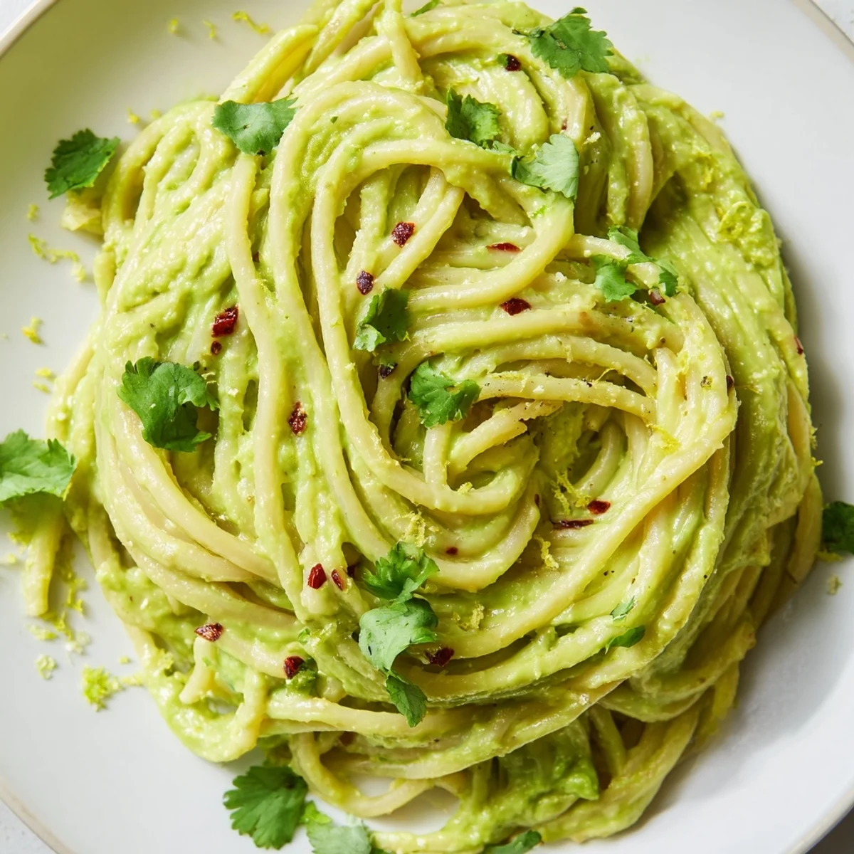 Creamy smashed avocado pasta twirled on a fork, garnished with fresh basil and lime zest, served warm.  