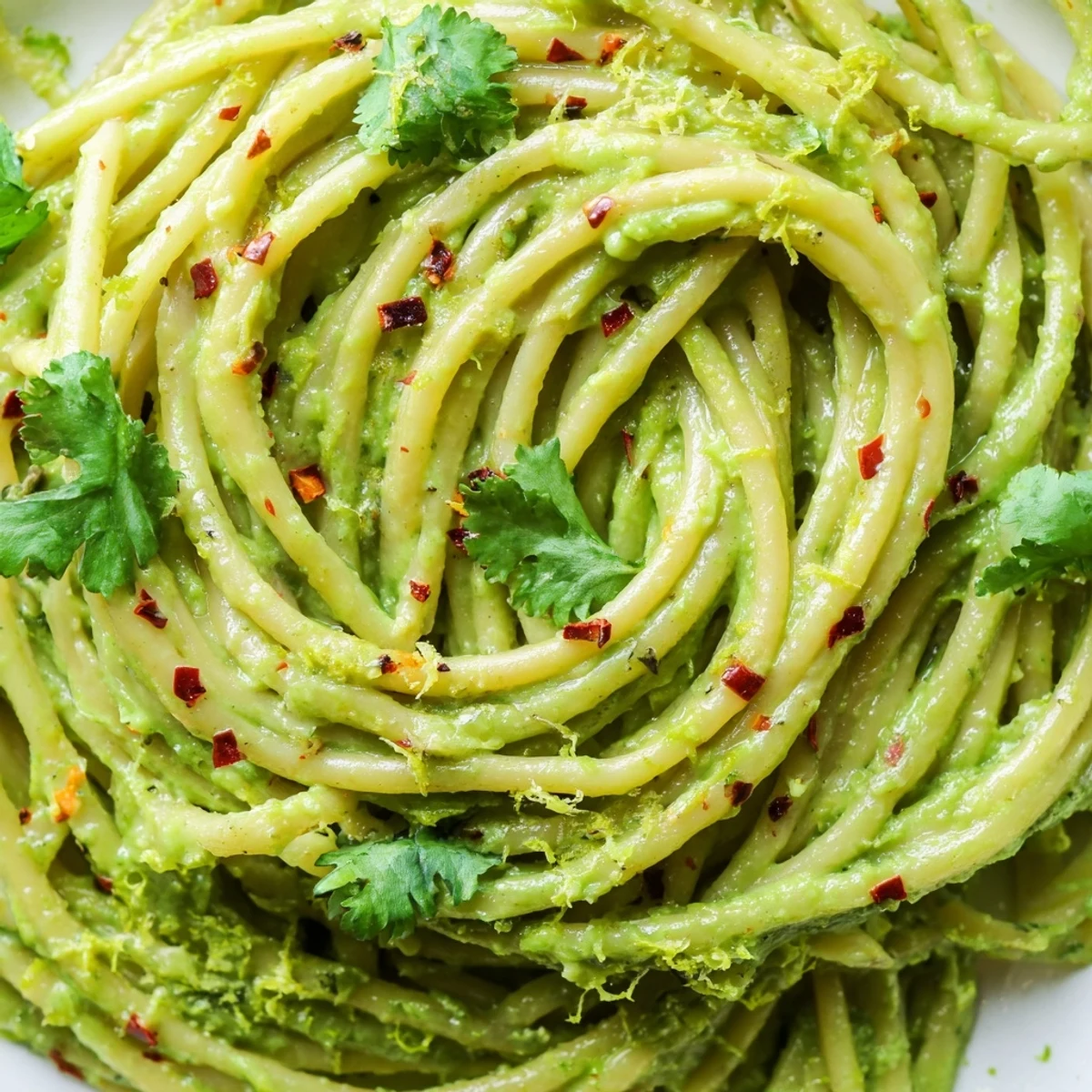 Close-up of smashed avocado pasta tossed with creamy sauce, fresh herbs, and olive oil on a plate.