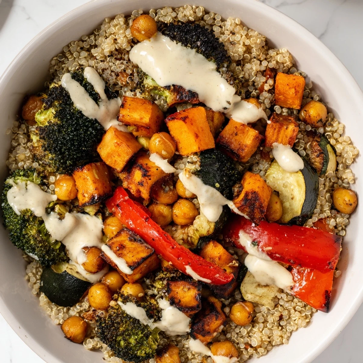 Freshly roasted sweet potatoes, broccoli, and peppers top fluffy quinoa in this vibrant Quinoa Buddha Bowl, drizzled with creamy tahini dressing and topped with sliced avocado.