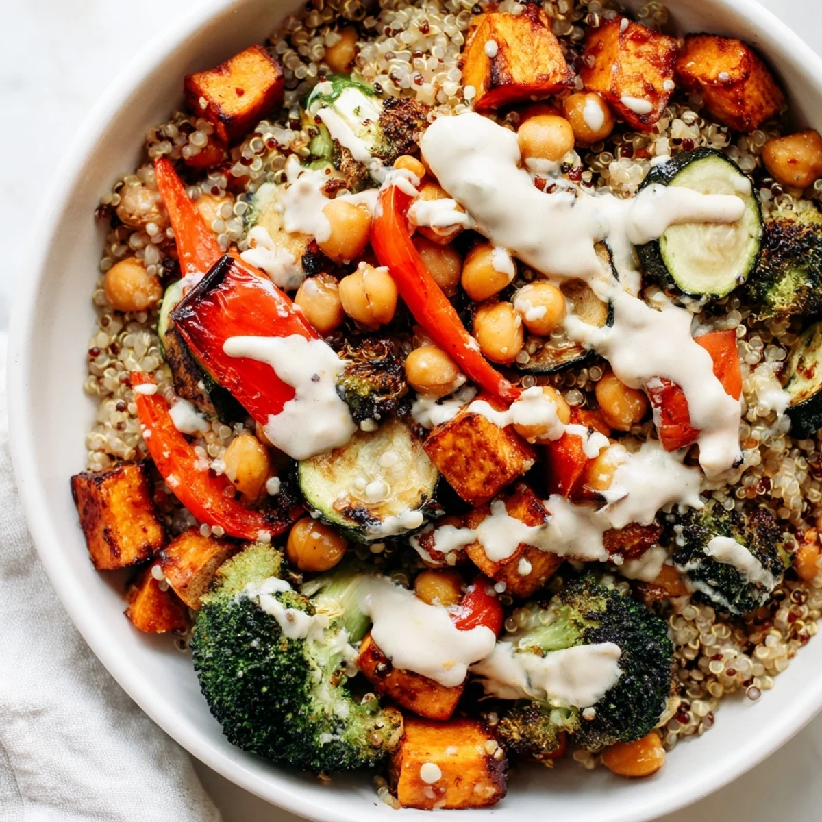 A close-up of the hearty Quinoa Buddha Bowl reveals golden roasted chickpeas, pumpkin seeds, and fresh parsley piled high over wholesome grains with tahini sauce.