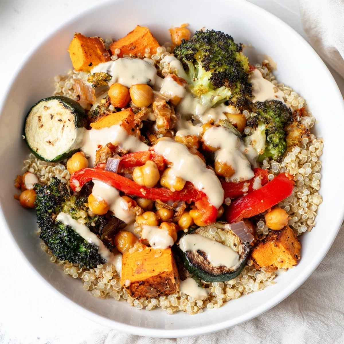 Served in a rustic ceramic bowl, this colorful Quinoa Buddha Bowl is a satisfying vegan and gluten-free meal, perfect for a healthy lunch or dinner.
