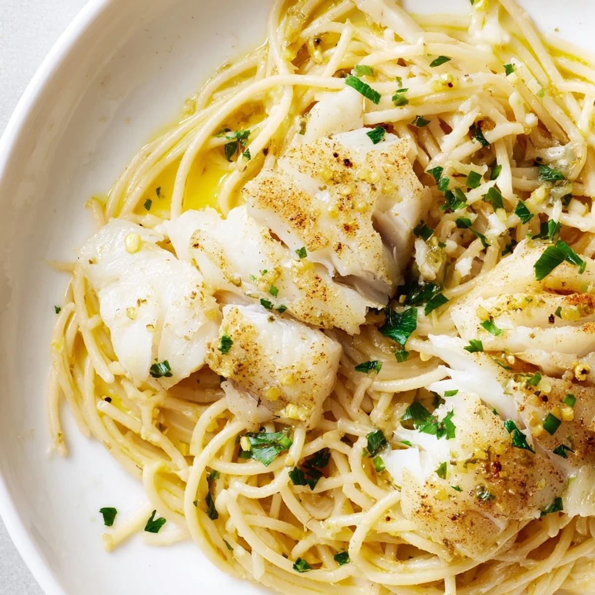 Golden, crispy flakes of pan-fried white fish rest atop a serving of al dente spaghetti tossed with lemon, garlic, and fresh herbs.