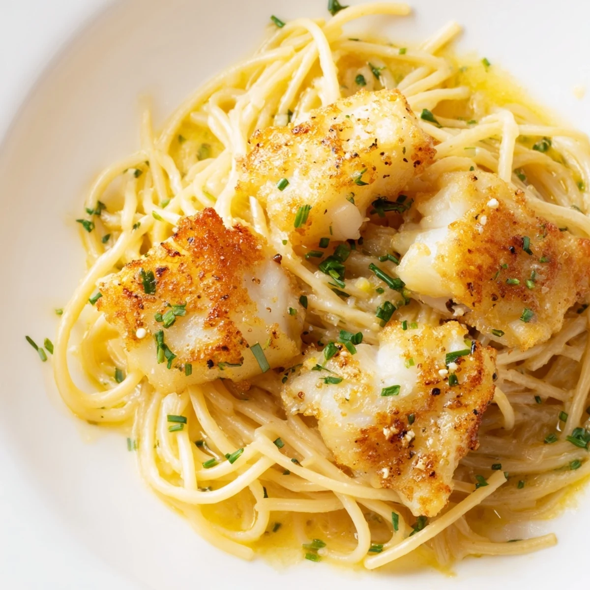 A close-up of the vibrant Crispy Fish Pasta, showcasing golden-brown fish pieces and bright green parsley scattered over a steamy, olive oil-coated dish.