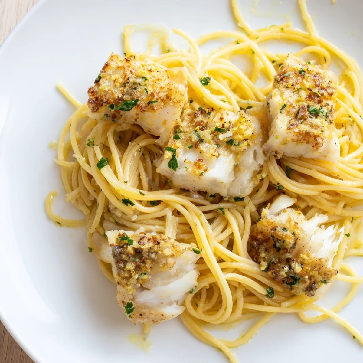 This Mediterranean-inspired Crispy Fish Pasta is garnished with lemon wedges and chives, perfect for a fresh and satisfying weeknight dinner for four.