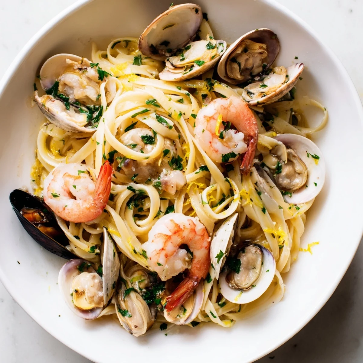 A vibrant plate of Seafood Linguine features pink shrimp, open clams, and mussels in a glossy white wine garlic sauce, garnished with fresh parsley and lemon wedges.