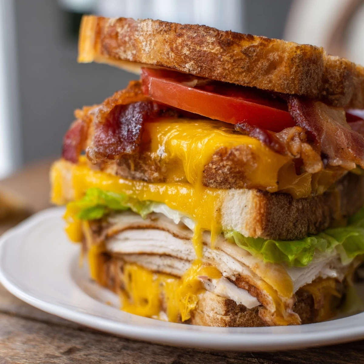 Golden, buttery sourdough grilled cheese layered with roasted turkey, crispy bacon, lettuce, tomato, and melted cheddar for a hearty meal.  