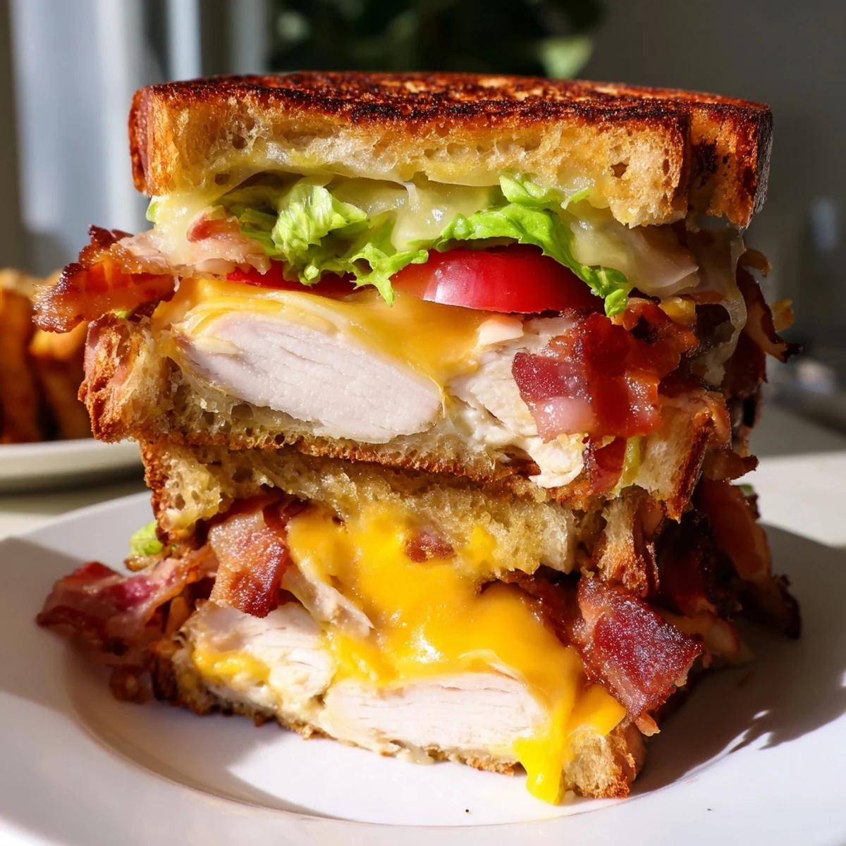 A close-up of a hot Turkey Club Grilled Cheese sandwich, oozing with cheese and pressed in a panini press.  