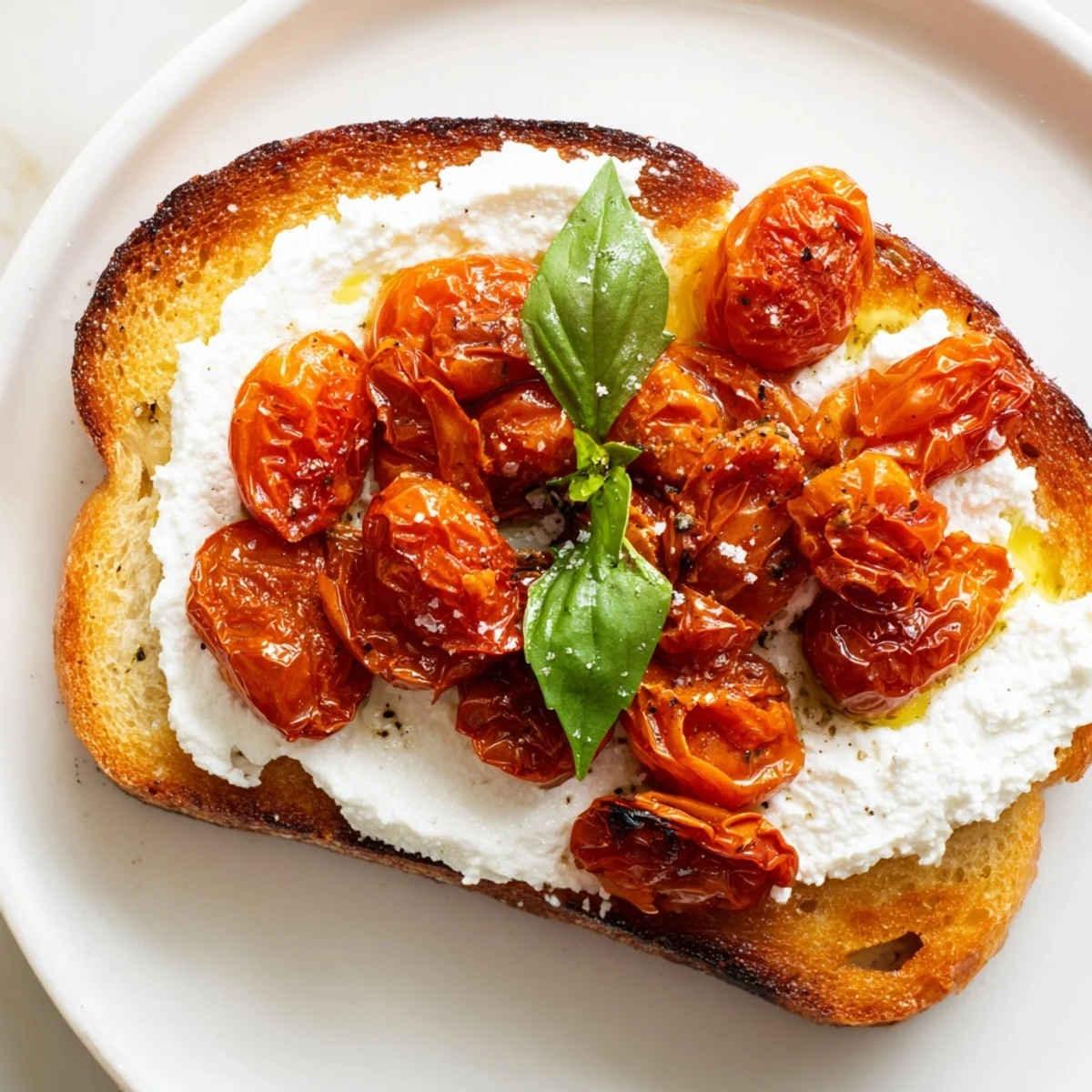 Golden roasted cherry tomatoes topped with creamy whipped ricotta on toasted sourdough, garnished with fresh basil and a drizzle of olive oil.