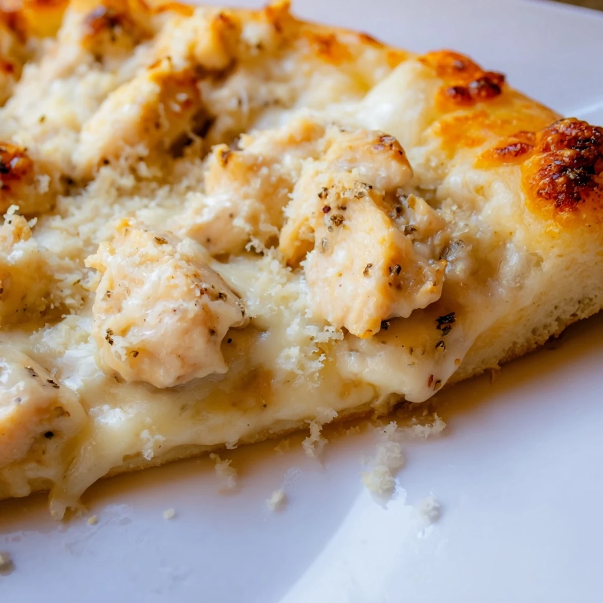 Fresh-baked Chicken Alfredo Pizza with golden crust, bubbling mozzarella, and creamy Alfredo sauce topped with diced chicken.