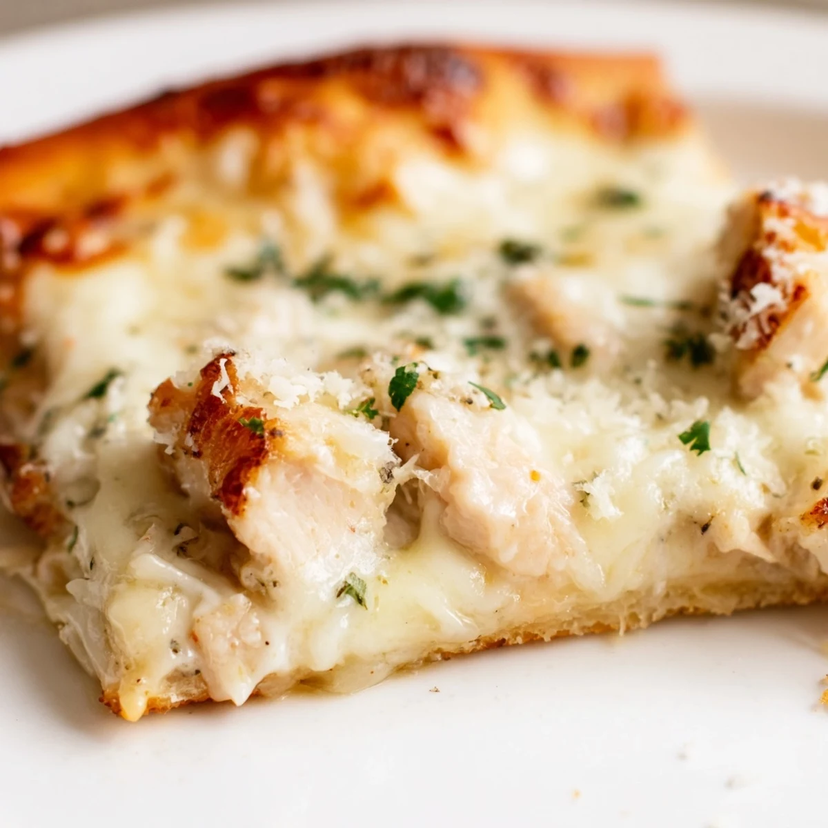 Golden-crusted Chicken Alfredo Pizza, topped with creamy Alfredo, tender chicken, and melty mozzarella, sliced for dinner.