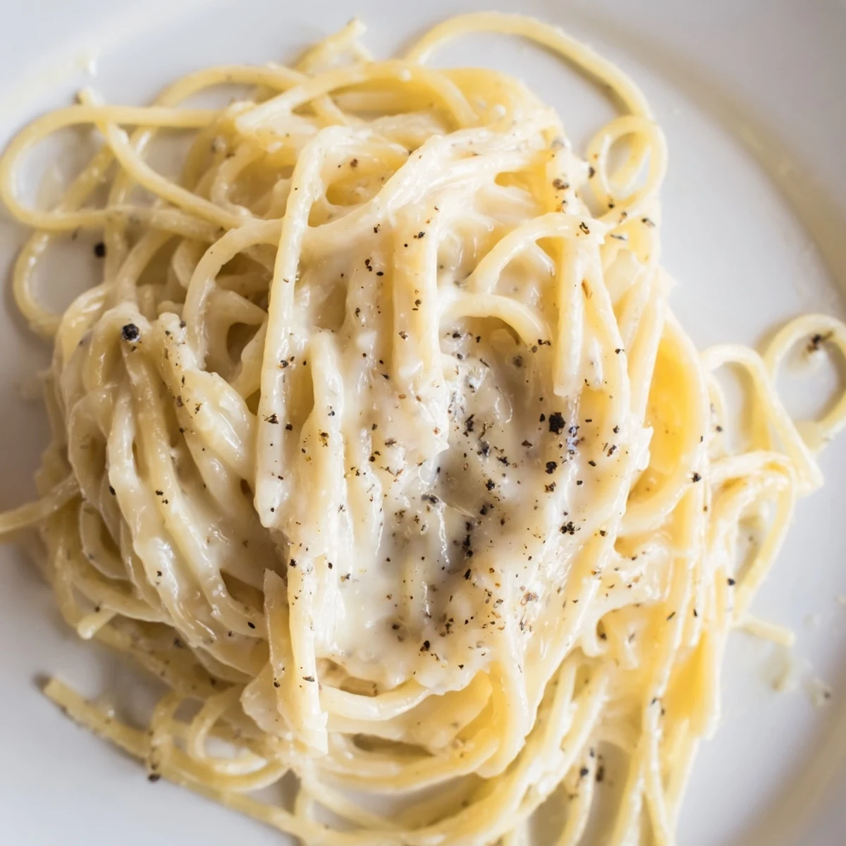 Steaming spaghetti Cacio e Pepe is tossed in a skillet with freshly cracked black pepper and Pecorino Romano, creating a creamy sauce.  