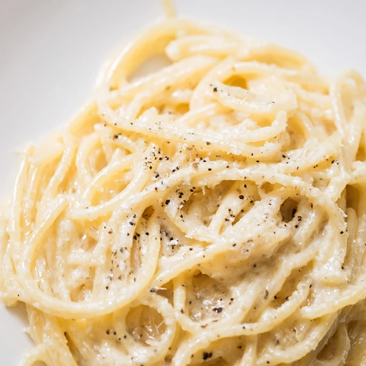 Spaghetti Cacio e Pepe served in a white bowl, garnished with extra Pecorino Romano and a pinch of black pepper.  