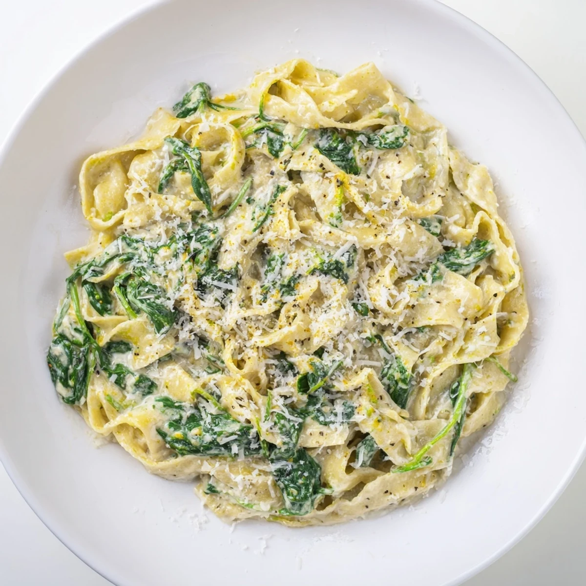 Creamy Spinach Garlic Noodles in a skillet with melted Parmesan and fresh spinach, served as a comforting main dish.  